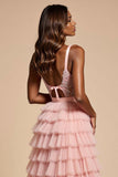 Corset Blush Pink A Line Tulle Tiered Long Prom Dress with Slit