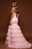 Sweetheart Blush Pink Mermaid Tulle Long Corset Prom Dress with Slit