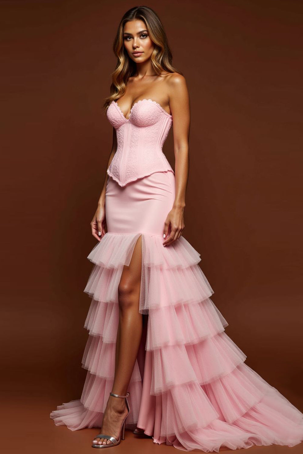 Sweetheart Blush Pink Mermaid Tulle Long Corset Prom Dress with Slit
