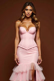 Sweetheart Blush Pink Mermaid Tulle Long Corset Prom Dress with Slit