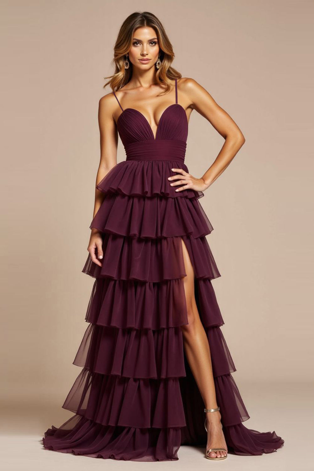 A Line Purple Tiered V-Neck Long Tulle Prom Dress with Slit