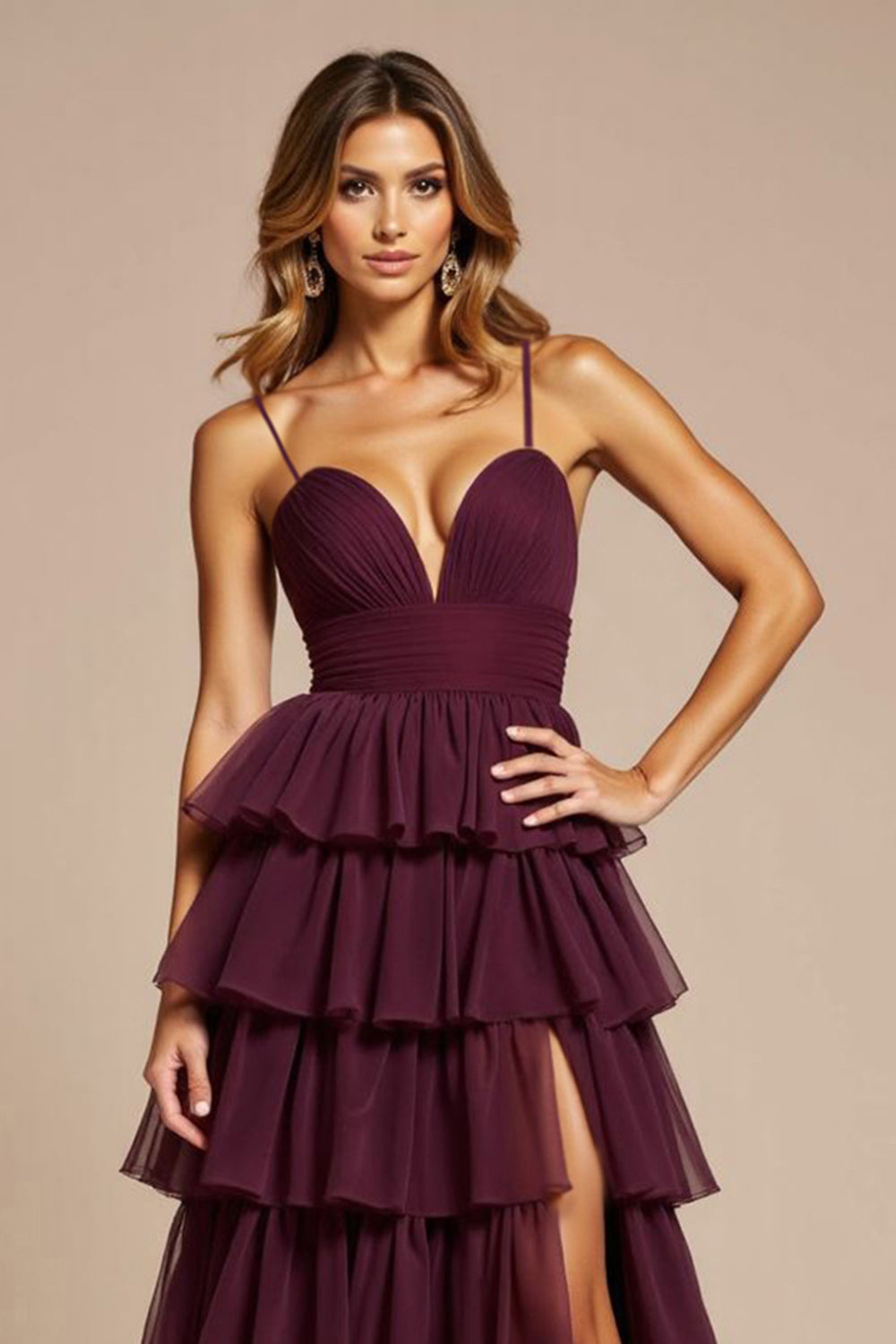 A Line Purple Tiered V-Neck Long Tulle Prom Dress with Slit