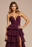 A Line Purple Tiered V-Neck Long Tulle Prom Dress with Slit