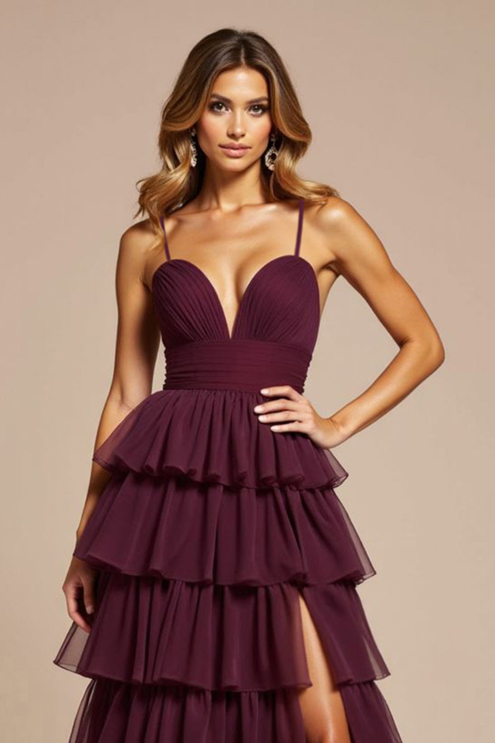 A Line Purple Tiered V-Neck Long Tulle Prom Dress with Slit