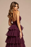 A Line Purple Tiered V-Neck Long Tulle Prom Dress with Slit