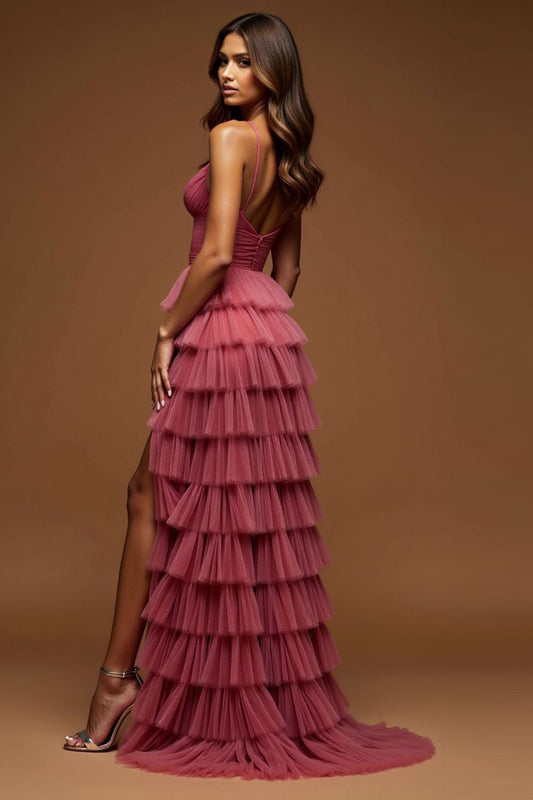 Desert Rose A Line Tulle Ruffled V-Neck Long Prom Dress with Slit