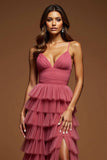 Desert Rose A Line Tulle Ruffled V-Neck Long Prom Dress with Slit