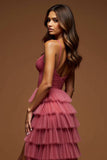 Desert Rose A Line Tulle Ruffled V-Neck Long Prom Dress with Slit