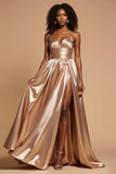 Golden A Line Pleated Spaghetti Straps Long Satin Prom Dress