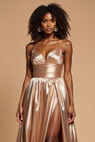 Golden A Line Pleated Spaghetti Straps Long Satin Prom Dress