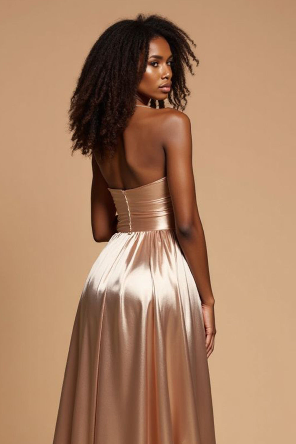 Golden A Line Pleated Spaghetti Straps Long Satin Prom Dress