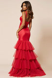 Red Sheath Tulle Tiered V-Neck Long Prom Dress with Ruffles