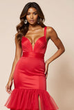 Red Sheath Tulle Tiered V-Neck Long Prom Dress with Ruffles