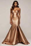 Mermaid Golden V-Neck Long Satin Prom Dress with Slit