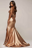 Mermaid Golden V-Neck Long Satin Prom Dress with Slit