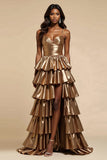 Metallic Golden A Line Satin Tiered V-Neck Long Prom Dress with Ruffles