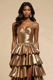 Metallic Golden A Line Satin Tiered V-Neck Long Prom Dress with Ruffles