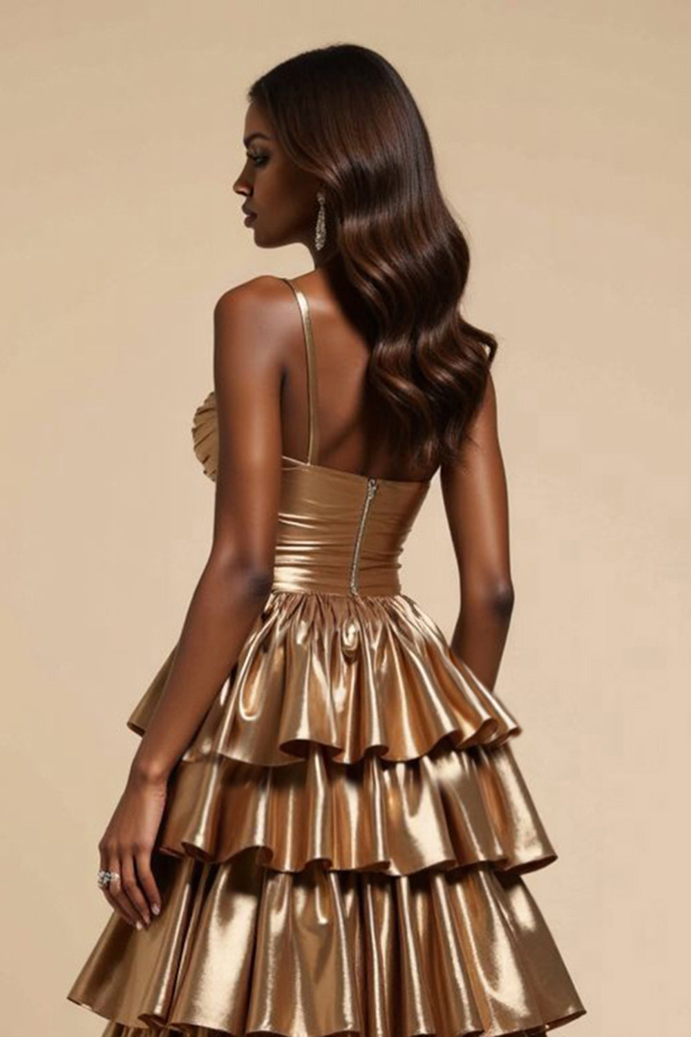 Metallic Golden A Line Satin Tiered V-Neck Long Prom Dress with Ruffles
