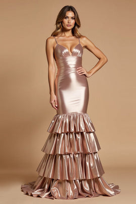 Mermaid Sparkly Rose Gold Tiered V-Neck Long Prom Dress