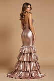 Mermaid Sparkly Rose Gold Tiered V-Neck Long Prom Dress