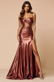 Metallic Brown Sweetheart Mermaid Satin Long Prom Dress with Slit