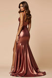 Metallic Brown Sweetheart Mermaid Satin Long Prom Dress with Slit