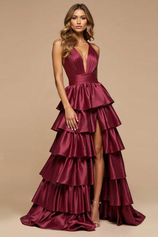 A Line Burgundy Tiered Deep V-Neck Long Satin Prom Dress with Slit