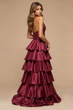 A Line Burgundy Tiered Deep V-Neck Long Satin Prom Dress with Slit