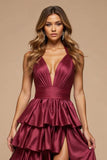 A Line Burgundy Tiered Deep V-Neck Long Satin Prom Dress with Slit