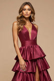 A Line Burgundy Tiered Deep V-Neck Long Satin Prom Dress with Slit