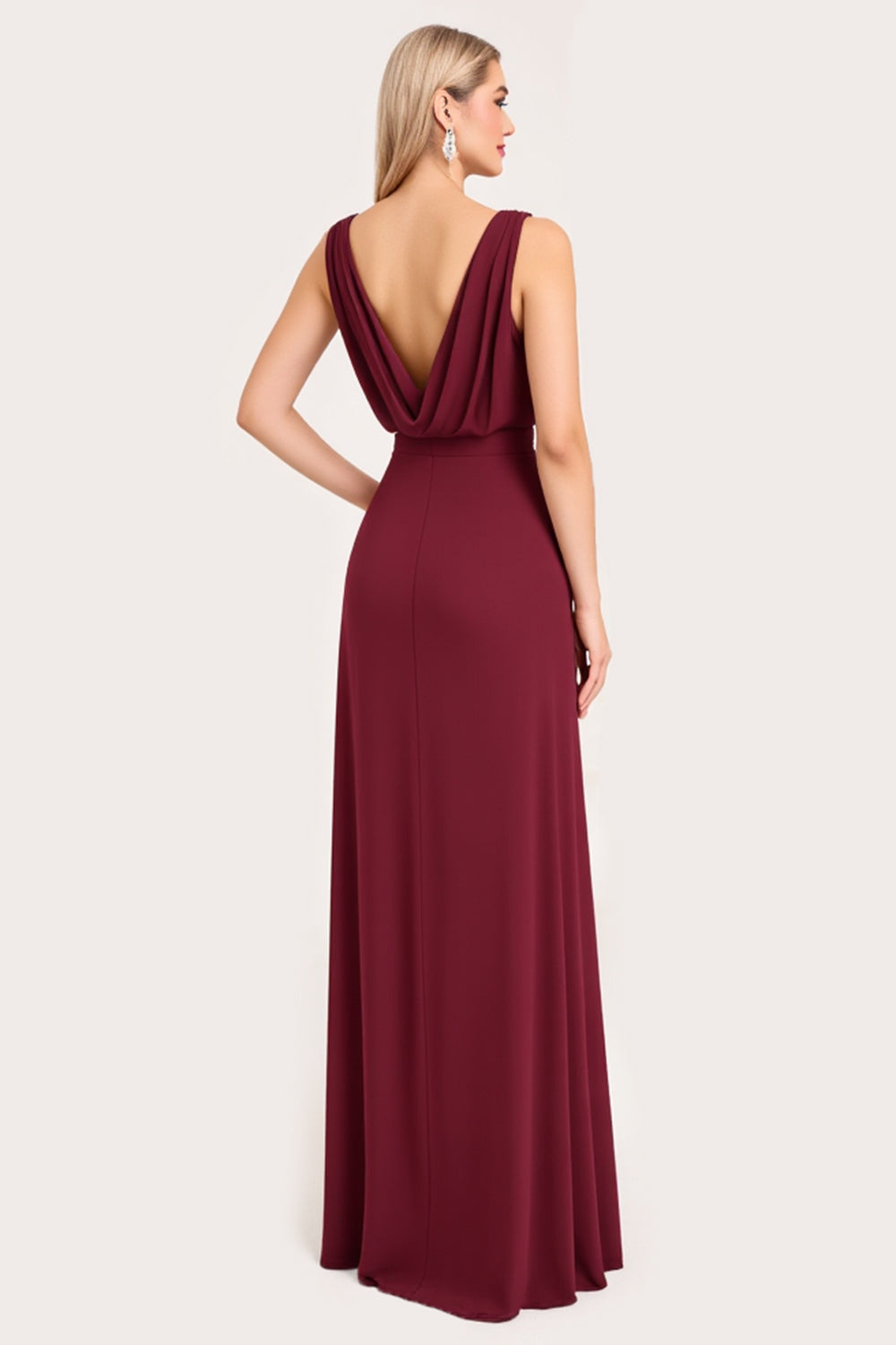 A Line Burgundy Chiffon Sleeveless Long Bridesmaid Dress with Slit