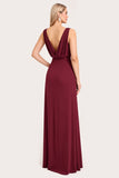 A Line Burgundy Chiffon Sleeveless Long Bridesmaid Dress with Slit