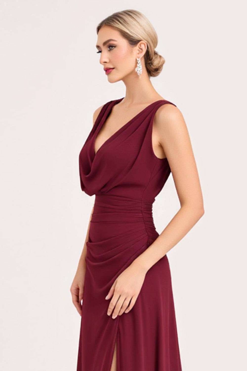 A Line Burgundy Chiffon Sleeveless Long Bridesmaid Dress with Slit