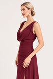 A Line Burgundy Chiffon Sleeveless Long Bridesmaid Dress with Slit
