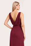 A Line Burgundy Chiffon Sleeveless Long Bridesmaid Dress with Slit