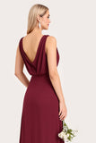 A Line Burgundy Chiffon Sleeveless Long Bridesmaid Dress with Slit