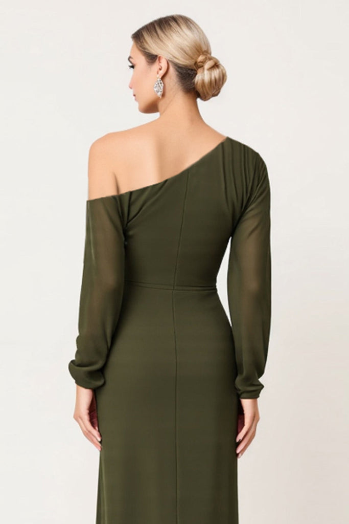 Olive Ruched Sheath Long Sleeve Velvet Formal Dress with Slit main image 0
