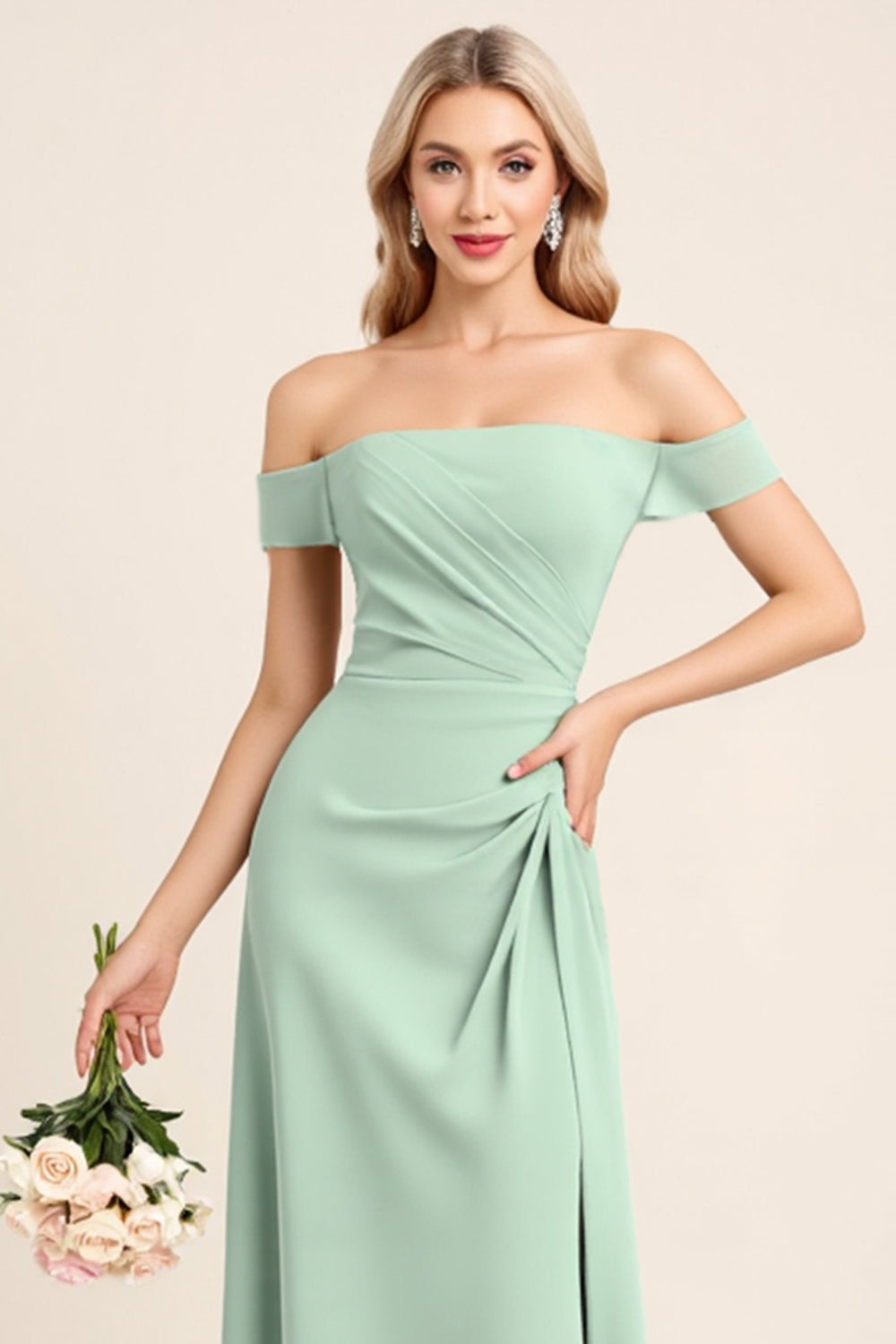 Mint Sheath Chiffon Square Neck Long Bridesmaid Dress