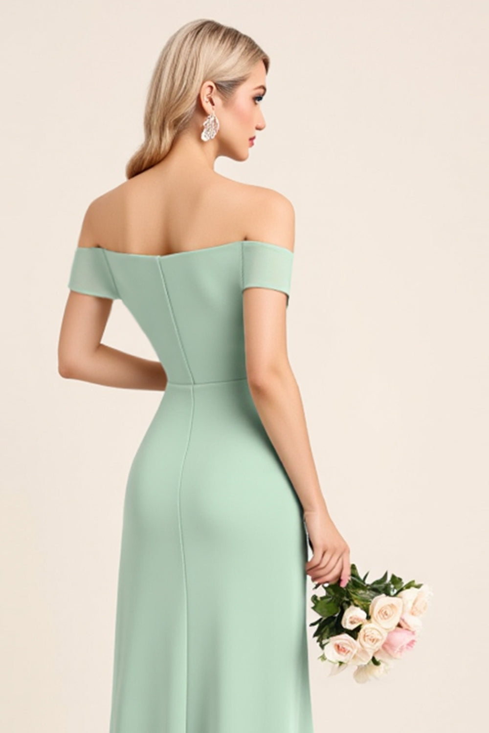 Mint Sheath Chiffon Square Neck Long Bridesmaid Dress