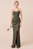 Olive Spaghetti Straps Corset Long Bridesmaid Dress with Slit