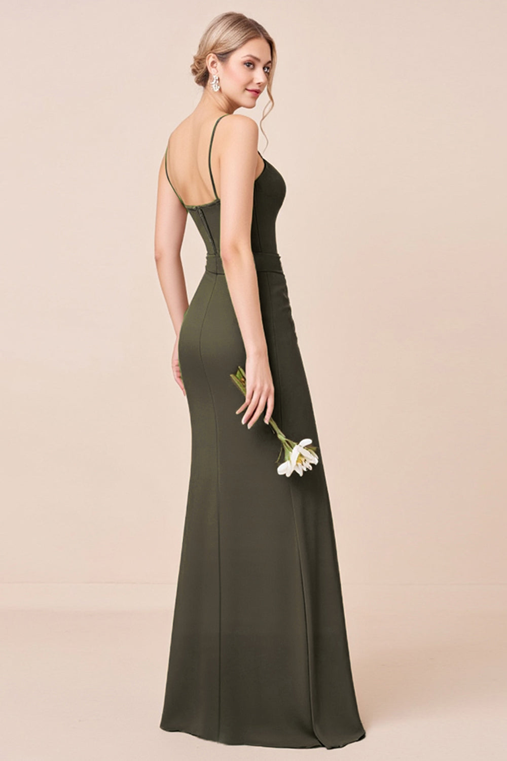 Olive Spaghetti Straps Corset Long Bridesmaid Dress with Slit