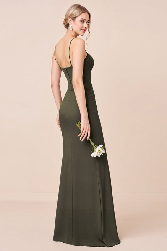 Olive Spaghetti Straps Corset Long Bridesmaid Dress with Slit