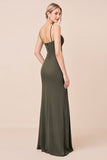 Olive Spaghetti Straps Corset Long Bridesmaid Dress with Slit