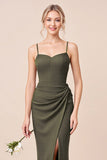 Olive Spaghetti Straps Corset Long Bridesmaid Dress with Slit