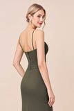 Olive Spaghetti Straps Corset Long Bridesmaid Dress with Slit