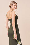 Olive Spaghetti Straps Corset Long Bridesmaid Dress with Slit