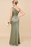 Sheath Satin Eucalyptus Ruched One Shoulder Long Bridesmaid Dress