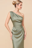 Sheath Satin Eucalyptus Ruched One Shoulder Long Bridesmaid Dress