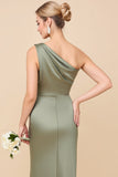 Sheath Satin Eucalyptus Ruched One Shoulder Long Bridesmaid Dress