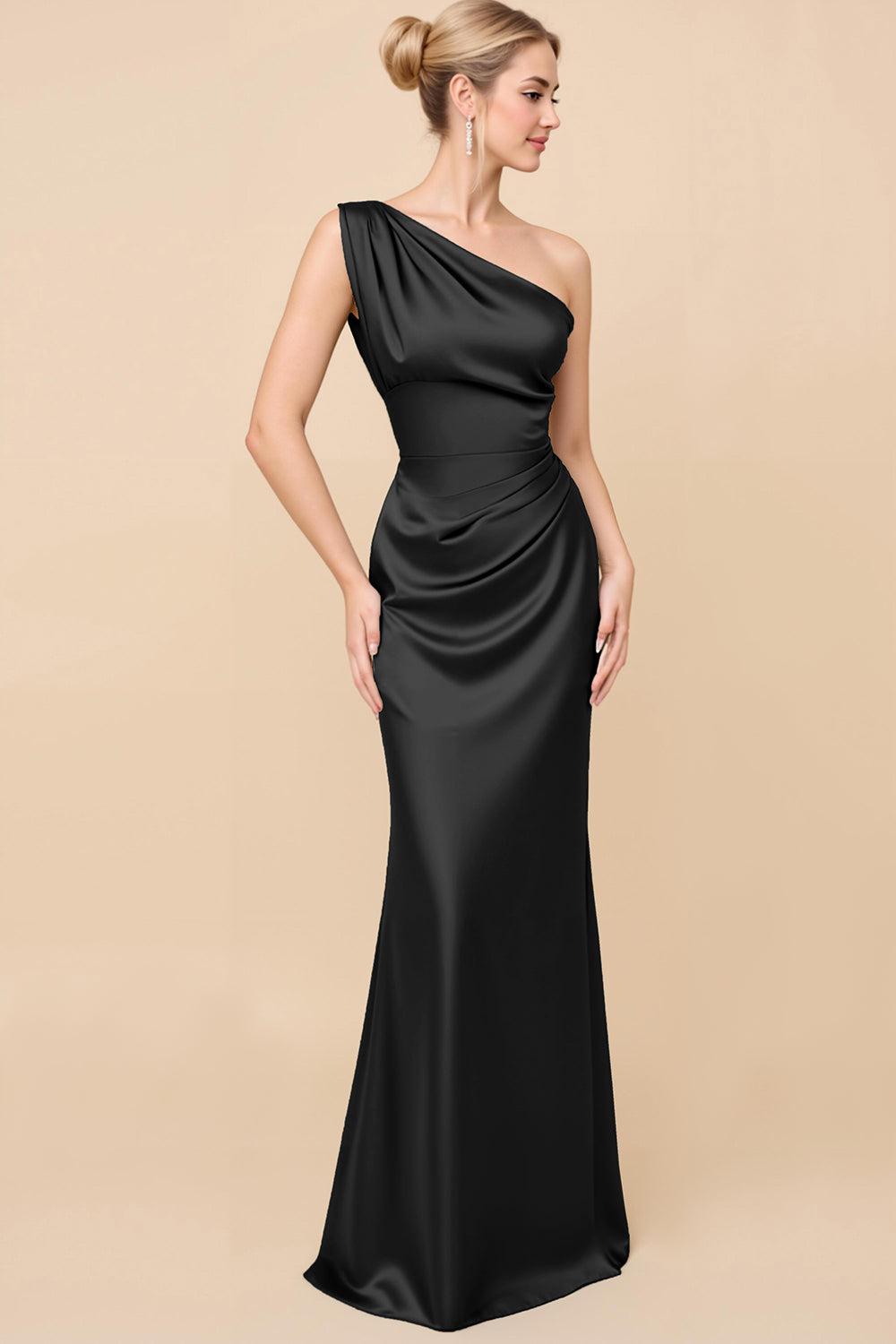 Sheath Satin Eucalyptus Ruched One Shoulder Long Bridesmaid Dress